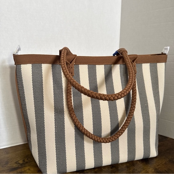 ROTHYS Rothy's The Lightweight Zip Tote Cabana Stripe Cream Black Camel NEW Tags - Picture 8 of 14